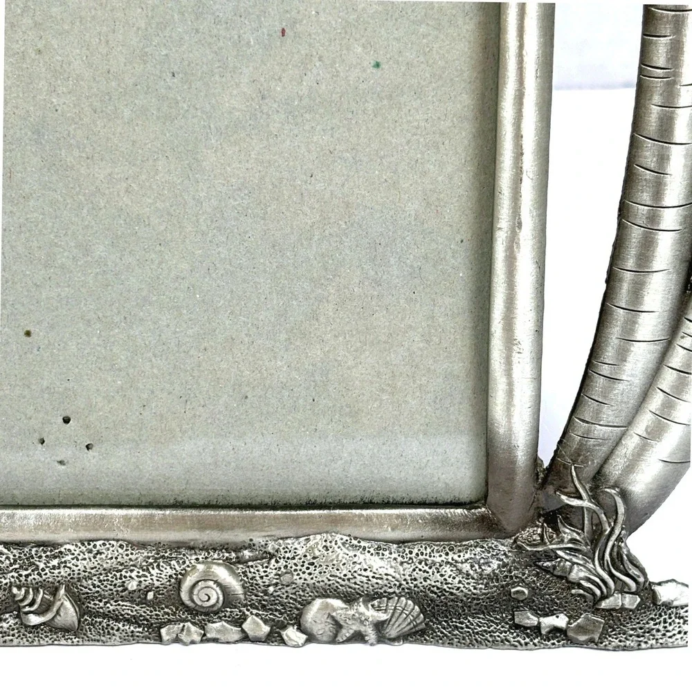 Vtg 90s Pewter Tone Tropical Beach Photo Frame Palm Trees Seashells Coastal 4x6